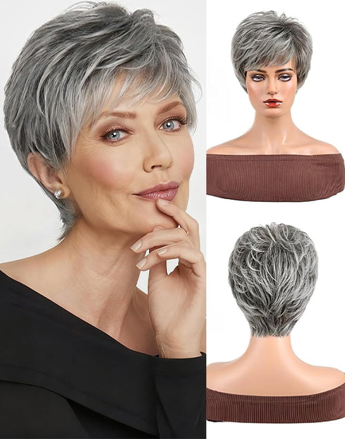 Mavis- Salt And Pepper Color Pixie Cut Wig With Bangs Suitable For Hair Loss and Fashion Change Full Machine None Lace Wig