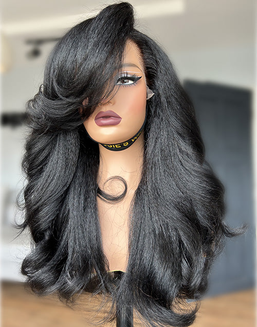 Seren- Glueless Pull Go Wig Layered Kinky Straight Wave Wig Side Bangs Pre Cut Lace Human Hair