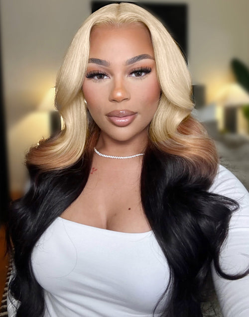 [Ready To Ship]Esther- Ombre 613 Blonde 3 Shades Body Wave 13x4 Lace Front Wig Blonde Ombre Human Hair Wig