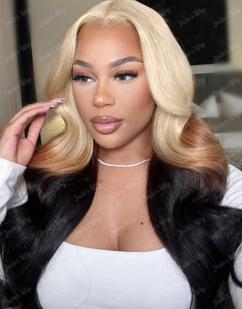 [Ready To Ship]Esther- Ombre 613 Blonde 3 Shades Body Wave 13x4 Lace Front Wig Blonde Ombre Human Hair Wig