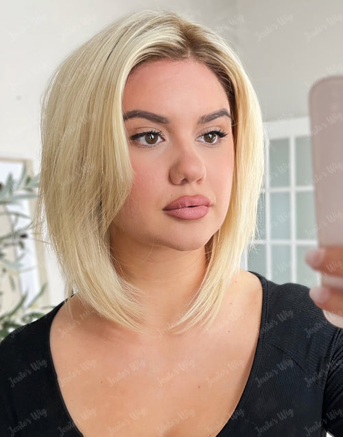 Zeki-Dark Root Ombre Ash Blonde Straight Layer Cut 13x4 Lace Front Bob Wig High Quality Human Hair
