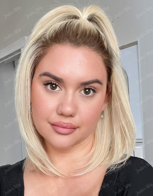 Zeki-Dark Root Ombre Ash Blonde Straight Layer Cut 13x4 Lace Front Bob Wig High Quality Human Hair