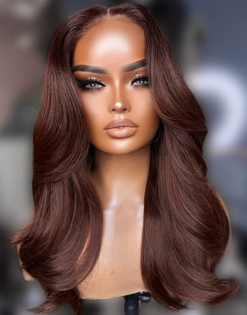 Edwina- Layered Soft Wavy Auburn Brown Pre Cut Lace Front Wigs Shoulder Length Middle Part