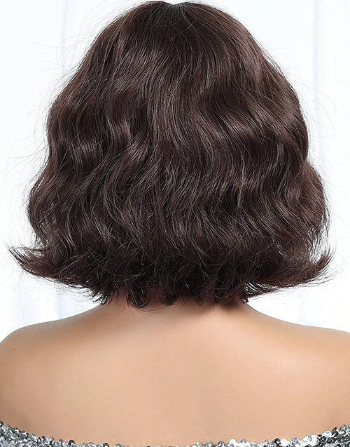 Leola- Dark Brown Short Wavy Wig With Bangs Natural Looking Shoulder Length Wig For Women Daily Wear Hairstyle
