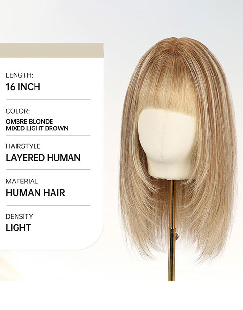 Votta- Minimalist Lace Ombre Blonde Mixed Light Brown Straight Layered Bob Wig With Bangs Glueless Wig