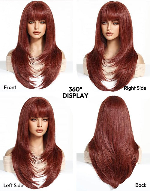 Sweet-7X5 Copper Brown Layered European Remy Human Hair Wigs With Bangs