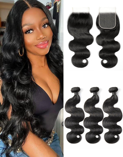 Body Wave Hair 3 Bundles With 4x4 HD Lace Closure Invisible Swiss Lace