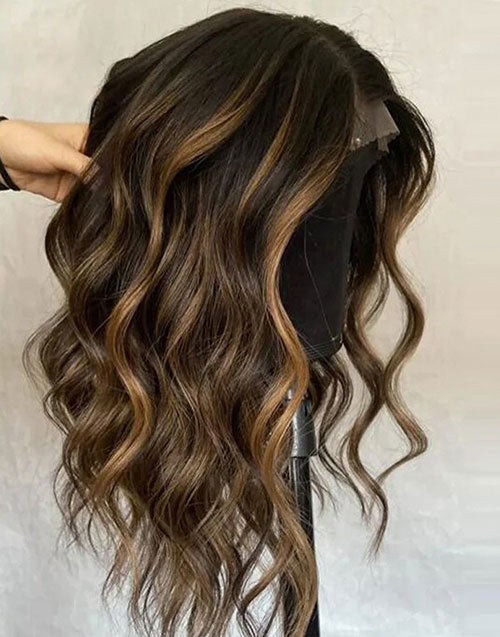 Side view of a balayage brown body wave lace front wig on a mannequin, displaying voluminous wavy texture and caramel highlights.
