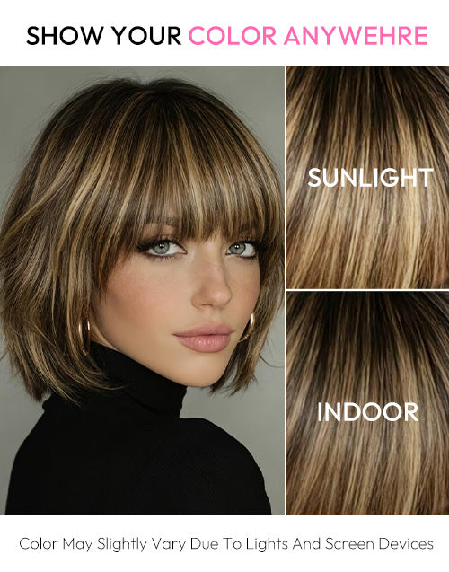 Color comparison banner for a balayage golden blonde bob wig with bangs.