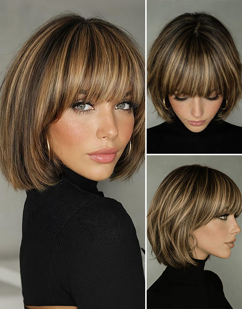 Multi-angle collage of a model wearing a Berry balayage golden blonde short bob wig with bangs