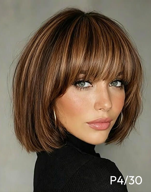 Model wearing the Berry short bob wig with bangs in color code P4/30