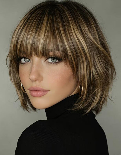 Three-quarter view of a model wearing the Berry balayage golden blonde bob wig with bangs