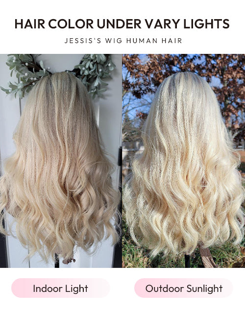 Betti highlight blonde lace frontal wig showing true hair color under indoor and outdoor lighting.