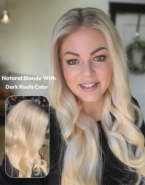 Betti natural blonde human hair wig with dark roots color and seamless ombre blend.