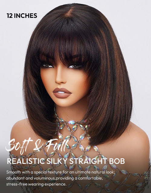 Pag- Glueless Pull Go Wig Brown Highlight Layered Haircut Silky Straight Bob With Bangs