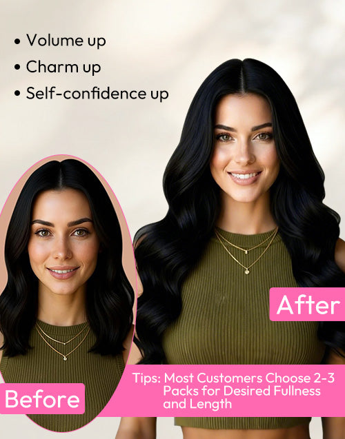 Before and after hair extensions transformation showing increased hair volume and length, with recommendation to use 2 to 3 packs for full hair.
