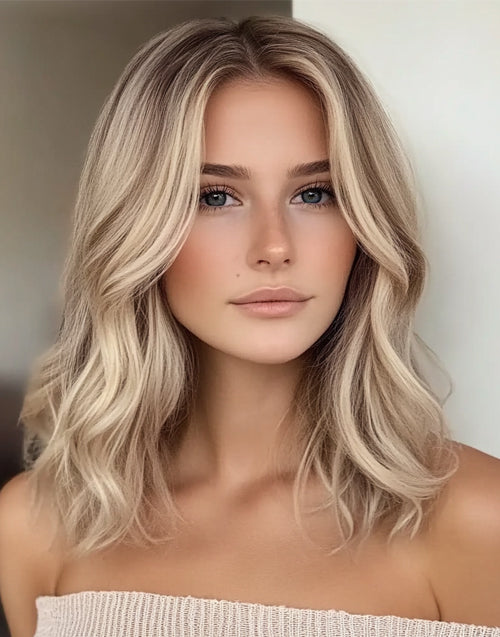 Natural-looking honey blonde balayage human hair wig, shoulder-length wavy bob wig.