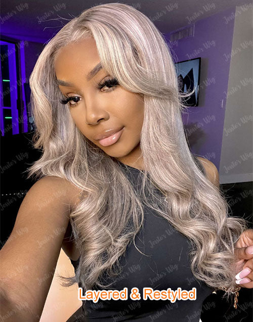 blonde balayage lace frontal human hair wig showcased as layered and restyled by a customer.