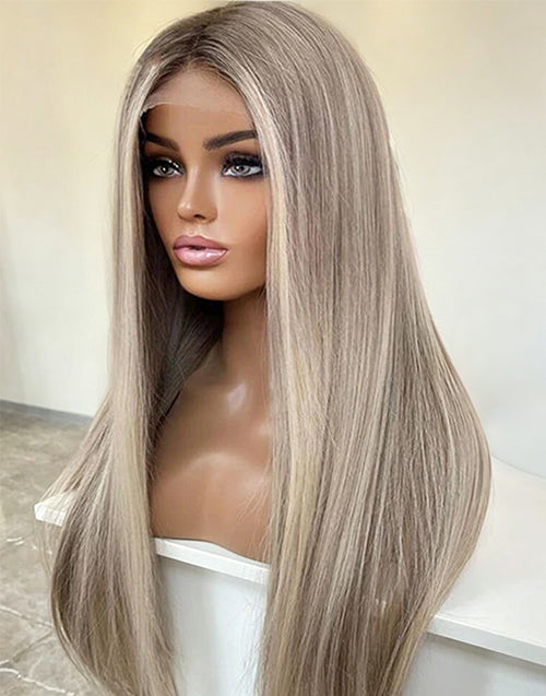 Aria- True-Hold Glueless Highlight Ash Blonde With Grey Roots Ombre Colored Straight 13x4 Lace Frontal Wig