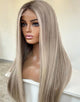 Aria- True-Hold Glueless Highlight Ash Blonde With Grey Roots Ombre Colored Straight 13x4 Lace Frontal Wig