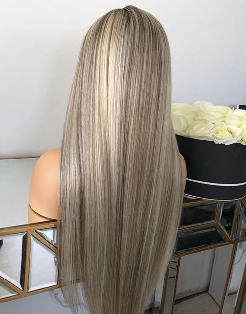 blonde balayage straight 13x4 lace frontal glueless human hair wig showing a long, sleek back view and luxurious hair length.