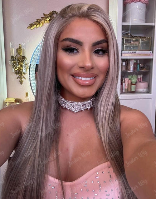 blonde balayage straight 13x4 lace frontal glueless human hair wig worn by a real customer.