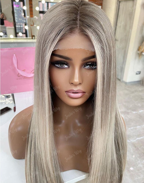 blonde balayage brown straight 13x4  lace frontal glueless human hair wig, featuring a close-up front view of the ultra-thin lace and pre-plucked hairline.