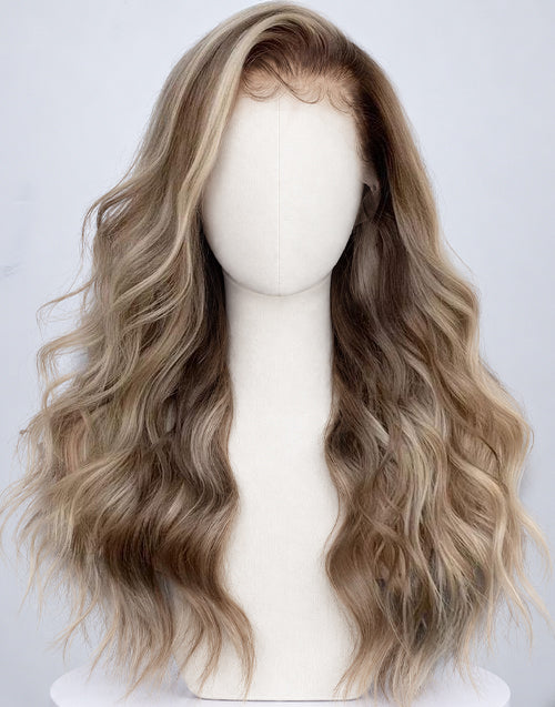 Front view of a long wavy blonde balayage lace front wig on a mannequin head