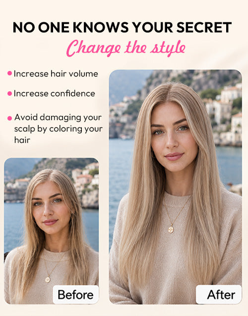 Before and after comparison of a blonde woman using hair extensions for instant hair volume and scalp-safe styling.
