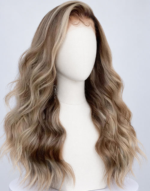 Laila-Highlight Blonde Wavy Human Hair Wig With Dark Roots Body Wave Lace Front Wigs