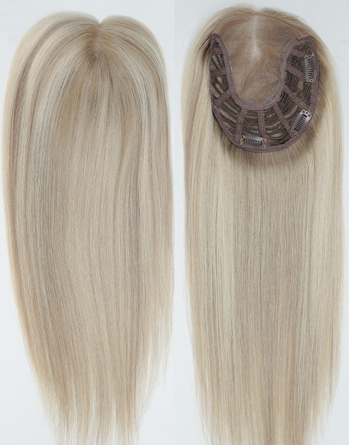 Front and inside cap view of an ash blonde human hair topper featuring a breathable mono base with pressure-sensitive clips for hair thinning.