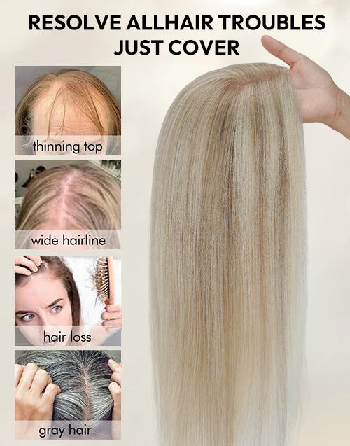 Blonde human hair topper solution for thinning top, wide hairline, hair loss, and gray hair coverage.
