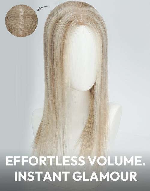 Front view of a natural blonde human hair topper on mannequin, featuring a close-up inset of the realistic scalp parting for effortless hair volume.