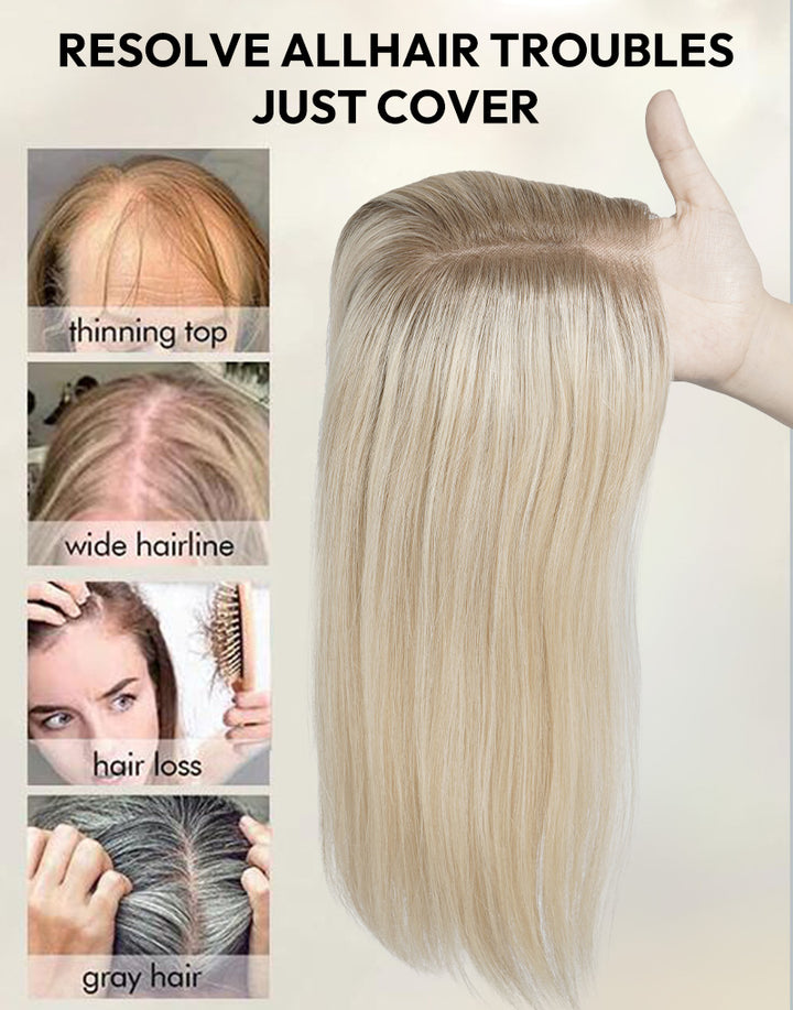 Infographic showing a blonde human hair topper as a solution for thinning top hair, wide hairline parting, hair loss, and gray hair coverage.