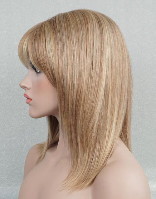 Layla- Gloden Bloned Mixed Light Brown Straight Human Hair Layered Bob Wig With Wispy Bangs Minimalist Lace Glueless Wig