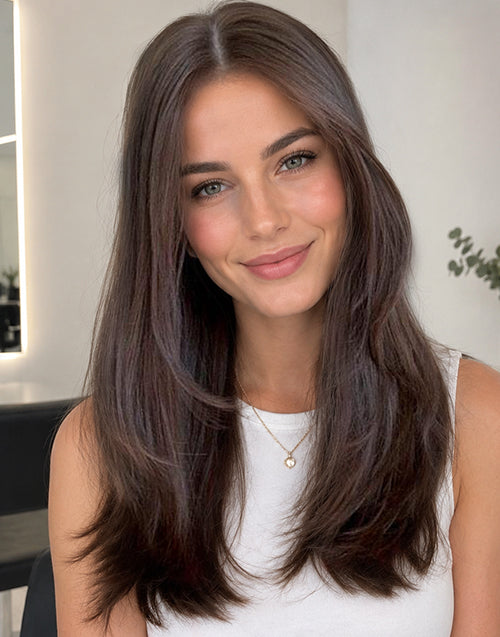front close-up portrait of borah 7x4.5 mono lace natural brown wig showing realistic middle scalp parting and face-framing straight layers