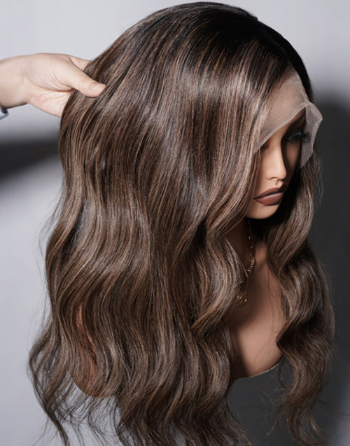 18" Hazelnut Brown With Blonde Highlights Wavy 5.5x5.5 Lace Wigs Flash Deal