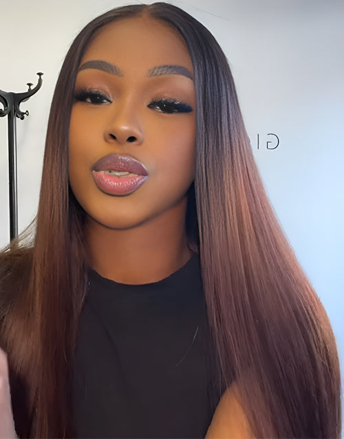 22" Ombre Brown Color Straight Pre Cut 6x5 Lace Wig Dark Roots Flash Deal