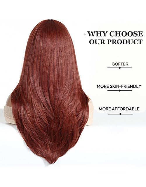 24" Copper Brown Layered Straight Human Hair Wigs With Bangs 7X5 Pre Cut Lace Flash Deal