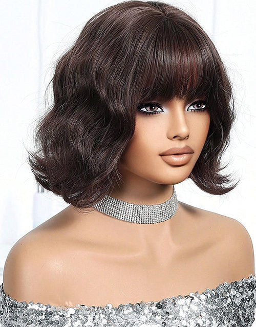 Leola- Dark Brown Short Wavy Wig With Bangs Natural Looking Shoulder Length Wig For Women Daily Wear Hairstyle