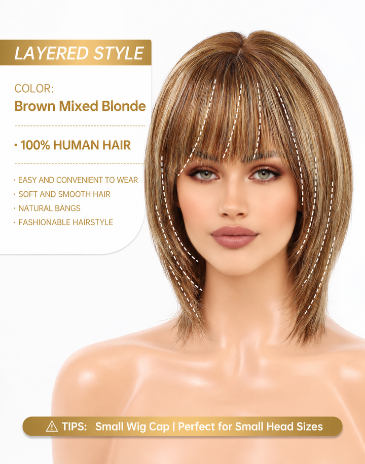Zuza- Glueless Brown Mixed Blonde Straight Layered Cut Bob Wig With Bangs 5.5x5.5 Wig For Women