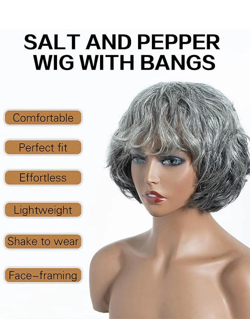 Yoselin- Salt And Pepper Wig Short Natural Wave Bob Glueless Wig With Bangs For Women