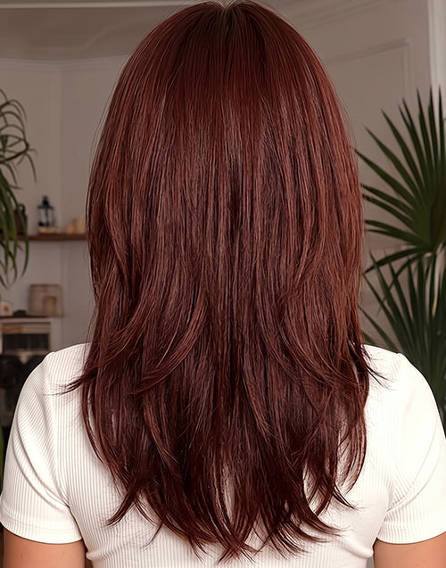 Back view of the Chris dark mahogany brown shoulder length wig.