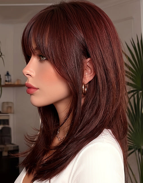Left side profile close-up of the Chris dark mahogany brown shoulder length wig.