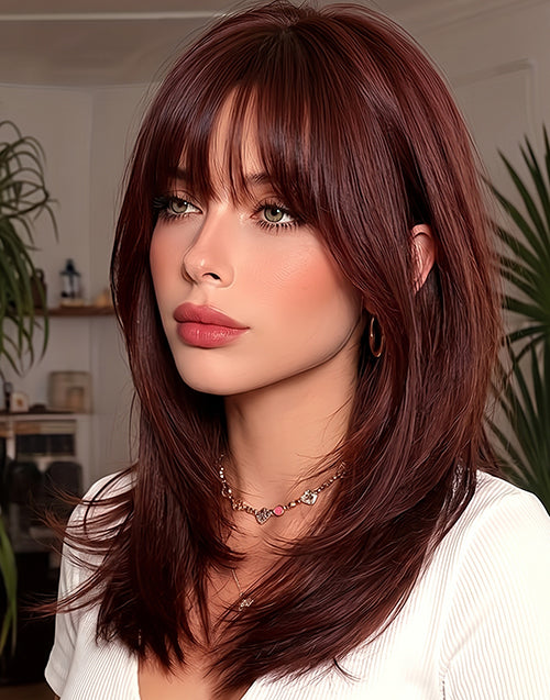 Right three-quarter view of the Chris dark mahogany brown shoulder length wig.