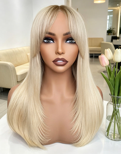 [Ready To Ship Only For US] Cindy-Ombre Blonde Straight Wig With Curtain Bangs Dark Roots 13x4/5.5x5.5 Pre Cut Lace Wig