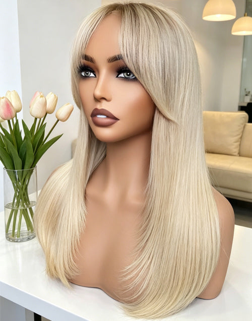 [Ready To Ship Only For US] Cindy-Ombre Blonde Straight Wig With Curtain Bangs Dark Roots 13x4/5.5x5.5 Pre Cut Lace Wig