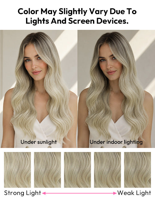 A hair color comparison graphic showing a woman with long wavy hair in two lighting scenarios.