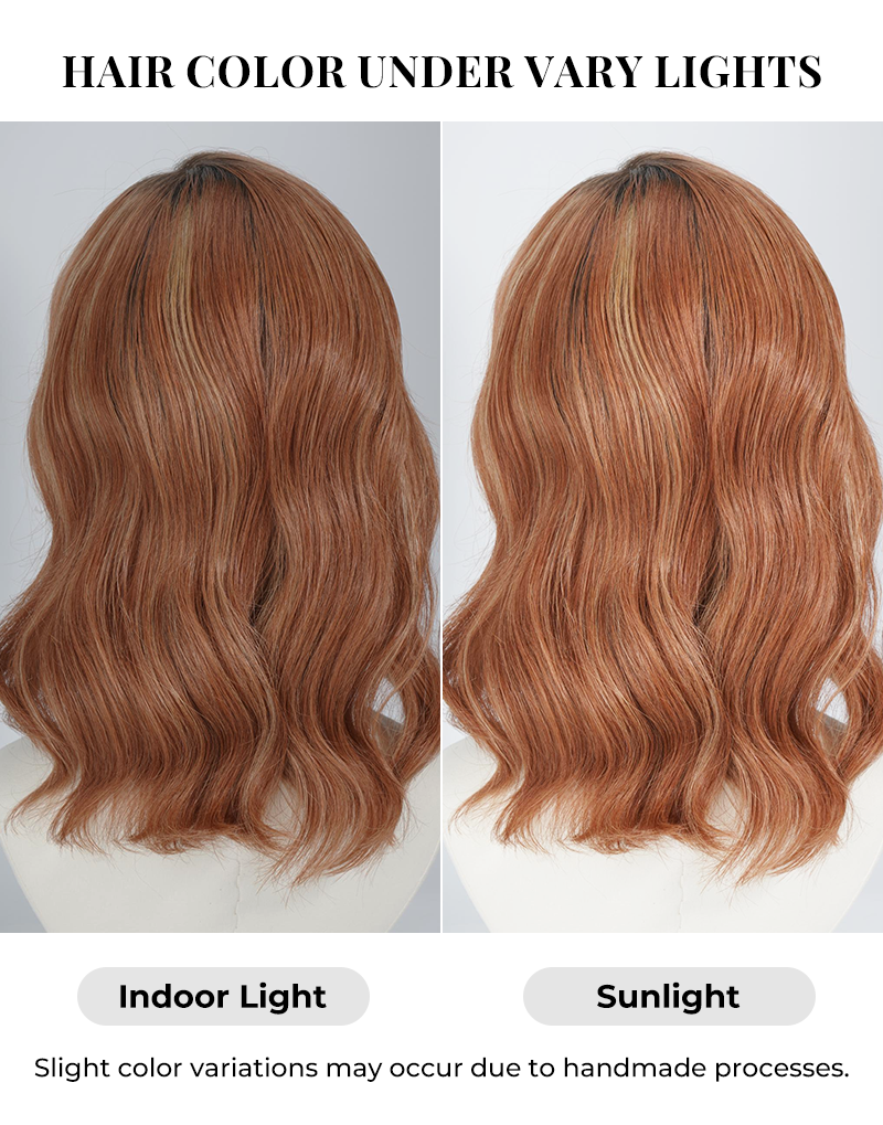 Side-by-side hair color comparison of a wavy copper brown highlights wig.