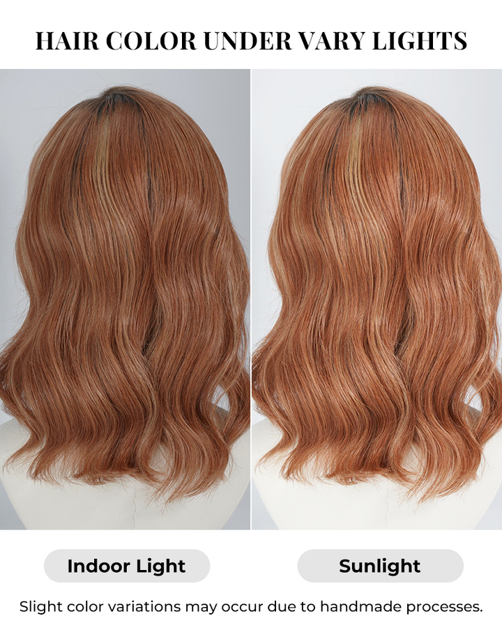 Side-by-side hair color comparison of a wavy copper brown highlights wig.